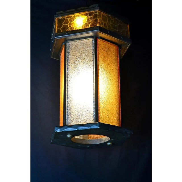 Large Mediterranean Swag Lamp With Amber Pebble Panes For Sale - Image 4 of 6
