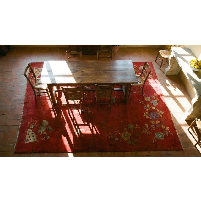 1920s Ruby Red Floral Antique Chinese Art Deco Carpet 9' X 12 Knotted Wool Rug For Sale - Image 13 of 13