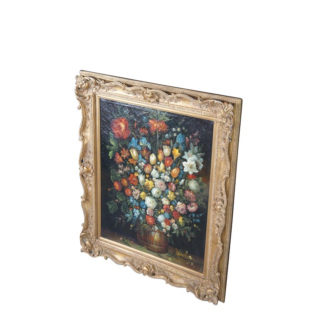 Vintage Flemish-Style Floral Still Life, after Pieter Bruegel the Elder's "Flowers in a Wooden Vessel". 20th Century Oil...