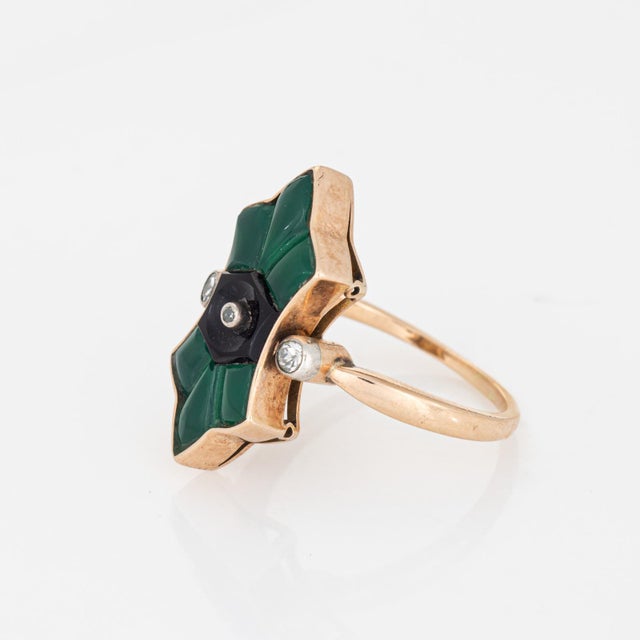 Vintage Art Deco Austrian Ring Chrysoprase Onyx Diamond Sz 7.75 14k Yellow Gold For Sale - Image 4 of 7