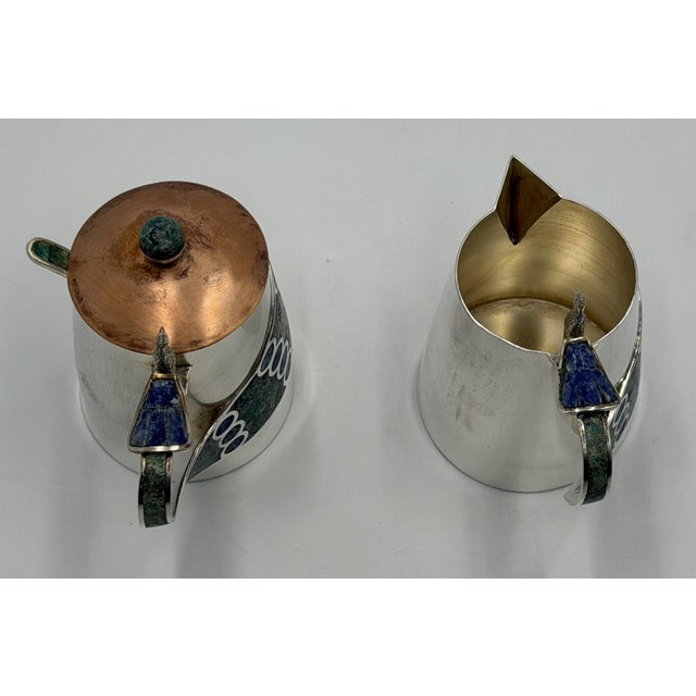 1970s Wolmar Castillo "Peacock" Creamer, Sugar Pot & Ladle W/ Malachite & Lapis Inlay For Sale - Image 9 of 18