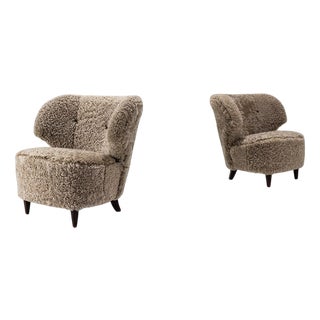 Set of Boman Club Chairs in Sheepskin by Carl-Johan for Oy Boman Ab, Finland, 1940s For Sale