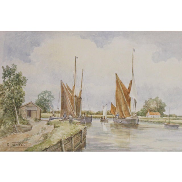 Fishing boats scene watercolor, circa 1950s, by Dorothy Lightfoot. Fishing boats in a tidal estuary. Signed lower left, D....