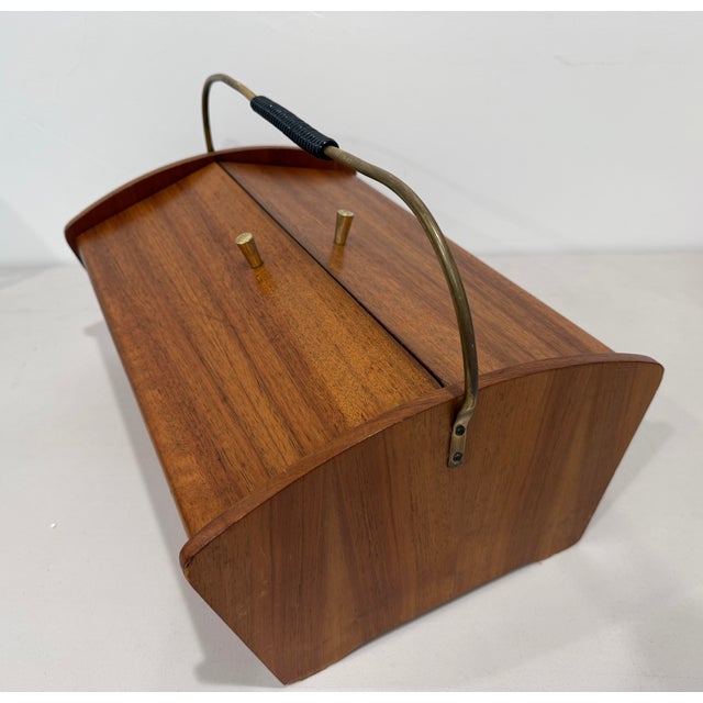 Wood Mid-Century Teak Wood Sewing Tool Storage Box W/ Metal Handle Hinged 1950s MCM For Sale - Image 7 of 10