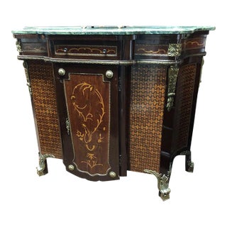 Vintage Louis XV French Style Gilt Bronze Mounted Parquetry Marble Top Cabinet Sideboard Credenza For Sale