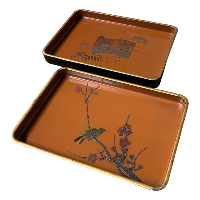Meiji Period Wooden Lacquerware Trays, Urushi-E, Japan, 1890s, Set of 2 For Sale