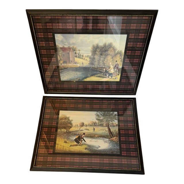 Pair of Scottish Fishing Prints With Plaid Mats and Black and Gold Frames. For Sale