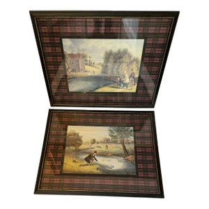 Pair of Scottish Fishing Prints With Plaid Mats and Black and Gold Frames.