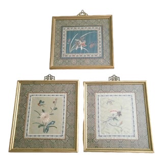Vintage Chinese Set of 3 Silk Embroidery Panels Beautifully Framed For Sale