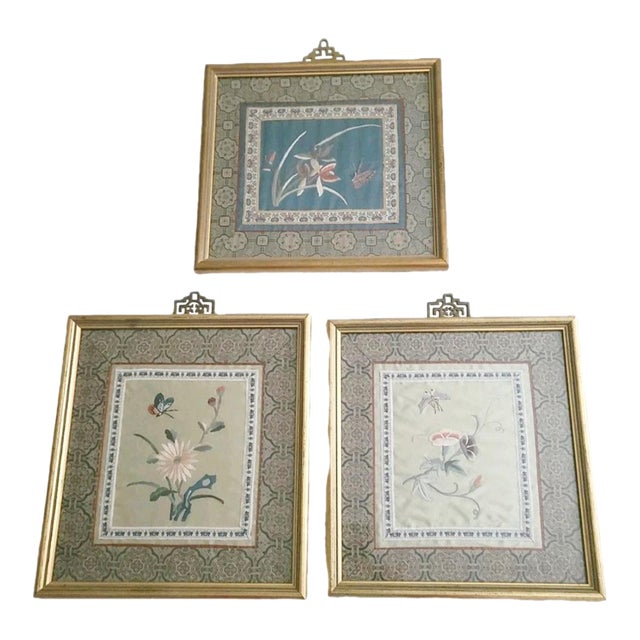 Vintage Chinese Set of 3 Silk Embroidery Panels Beautifully Framed For Sale