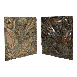 Art Deco Carved Wood Magnolia Fragments - Set of 2 For Sale