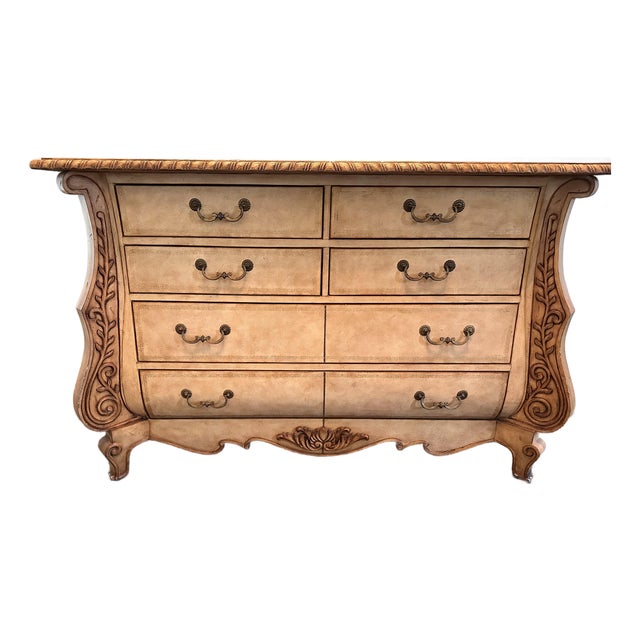 Vintage Sherrill Furniture Leather-Wrapped French Provincial Bombé Chest, Attributed For Sale
