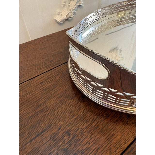 Large Antique Edwardian Silver-Plated Oval Gallery Cocktail / Decanter Tray with Handles, 1900 For Sale - Image 9 of 10