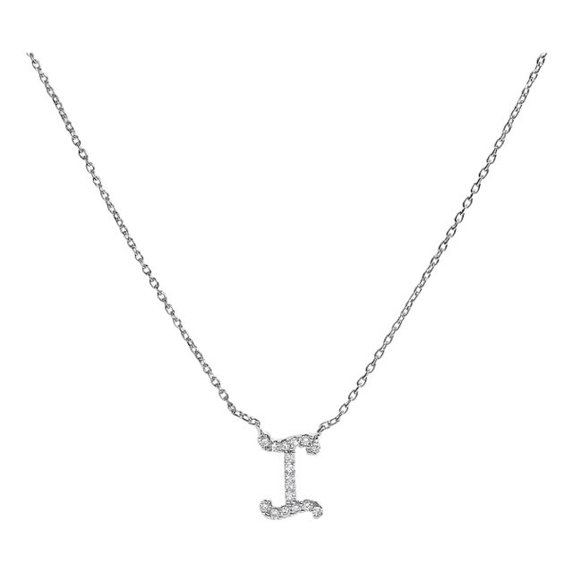 10K White Gold Diamond Accent "I" Initial Script Style Pendant Necklace For Sale