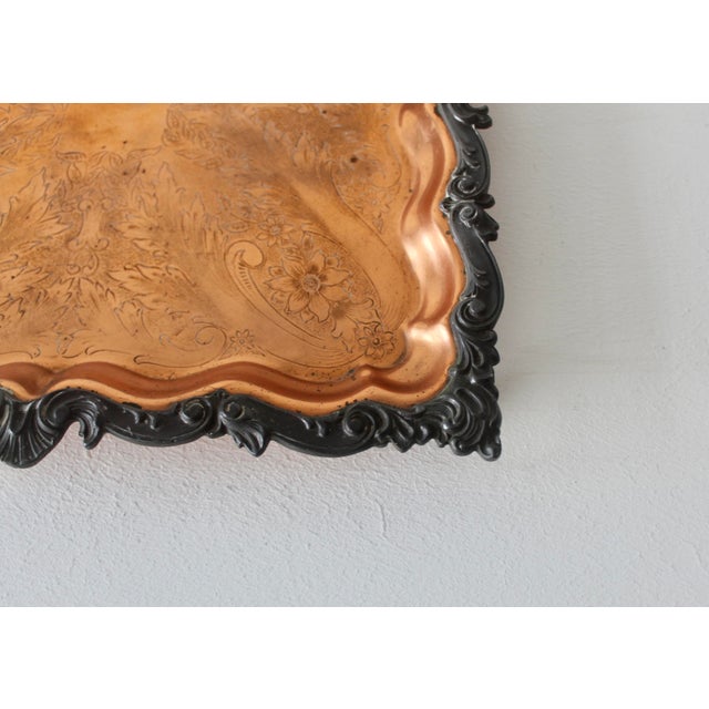 Vintage Ornate English Copper Pewter Square Engraved Platter Footed For Sale - Image 11 of 16