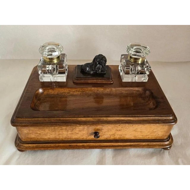19th Century Olive Wood Twin Inkwell Standish with Bronze Lion Dog For Sale - Image 3 of 18