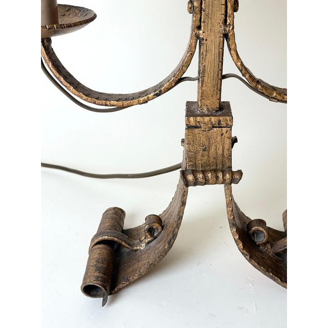 Large Florentine Gilt Iron Two-Light Table Lamp with Leather and Tapestry Shade, 1950s For Sale - Image 9 of 18