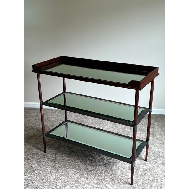 Baker Furniture Company Late 20th Century Baker Jacques Garcia Tiered Mahogany Mirrored Beveled Glass Drybar Side Table For Sale - Image 4 of 12