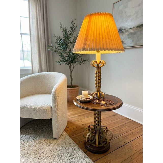 Metal 1950s Mid-Century Modern Florentine Style Wrought Iron Floor Lamp & Wood Side Table For Sale - Image 7 of 12