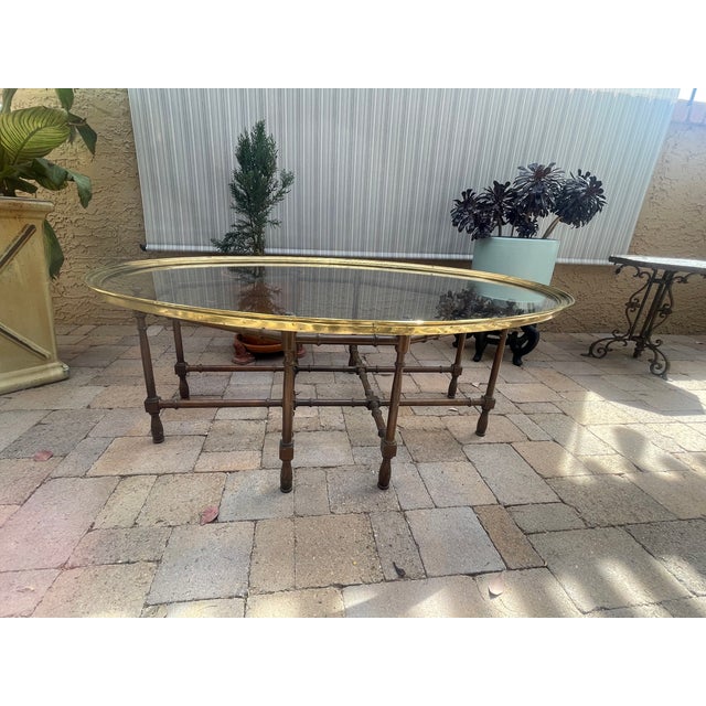 1960s Mid Century Brown Lacquer Bamboo Base Brass Tray Thick Glass Top Coffee Table For Sale - Image 4 of 8