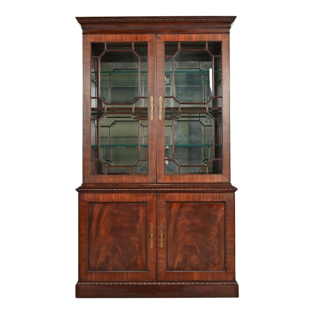 Henkel Harris Georgian Carved Flame Mahogany Lighted Breakfront Bookcase Cabinet For Sale