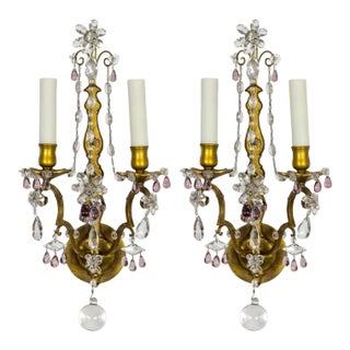Gilt Maison Bagues Style Amethyst Crystal Sconces, Pair For Sale