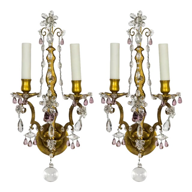 Gilt Maison Bagues Style Amethyst Crystal Sconces, Pair For Sale