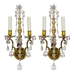 Gilt Maison Bagues Style Amethyst Crystal Sconces, Pair