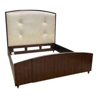 Henredon Furniture Reference by Patrick Aubriot Mahogany King Pearl Leather Panel Bed For Sale
