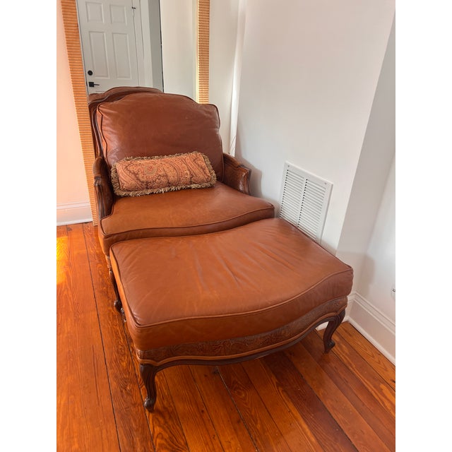 1990s Ethan Allen Bergere Leather Chair and Ottoman For Sale - Image 10 of 17