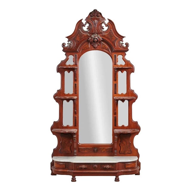 Gorgeous C 1890s Antique Monumental, Renaissance Revival, Burl Walnut, Marble 95” H, Etagere!! Antique Etagere,...