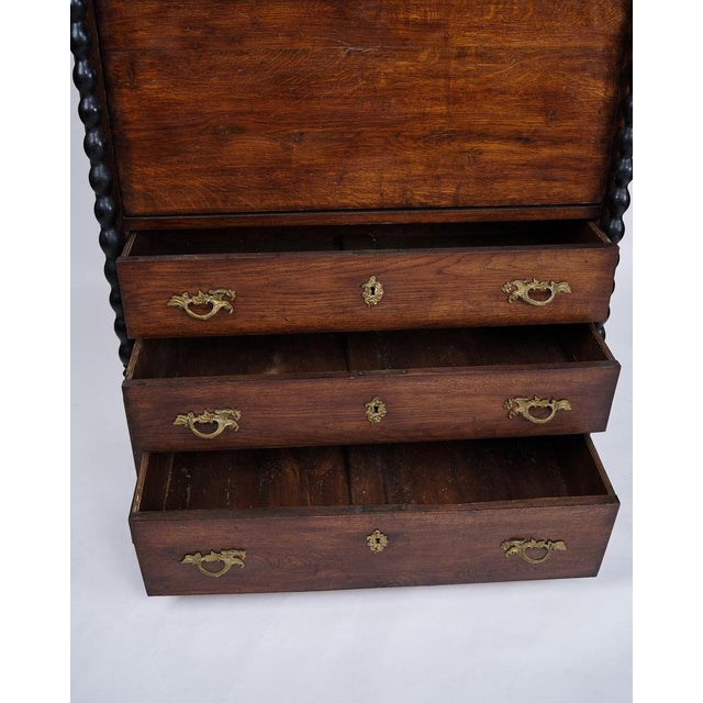 Wood Secretary with 4 Drawers in Polished Oak and Green Felt Cloth with Brass Handles For Sale - Image 7 of 14