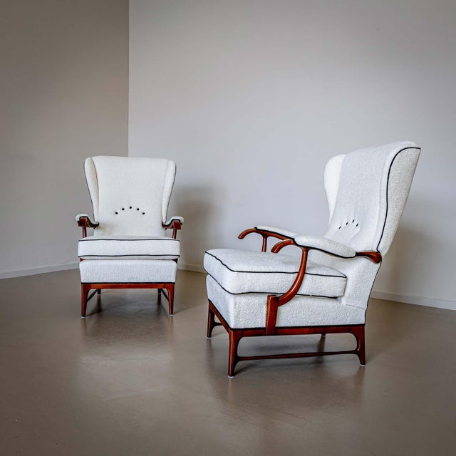 White Mid-20th Century Pair of Wingback Armchairs, attr. to Paolo Buffa, Italy For Sale - Image 8 of 14