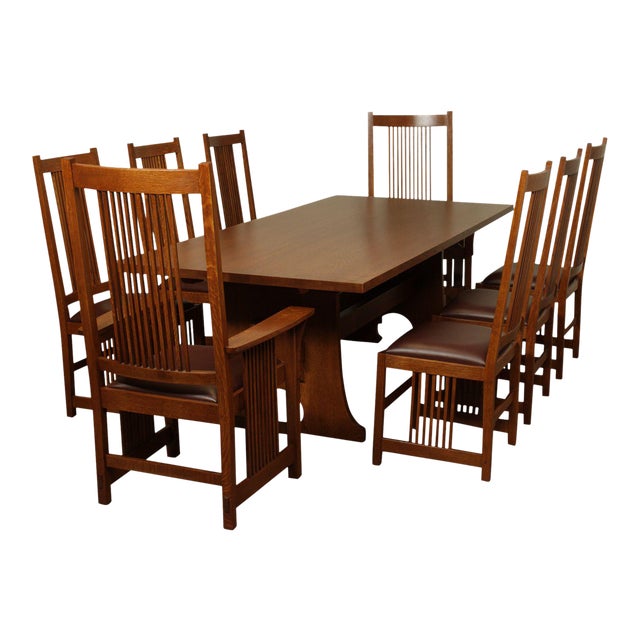 Stickley Mission Collection Oak 9 Piece Dining Set; Trestle Table, 8