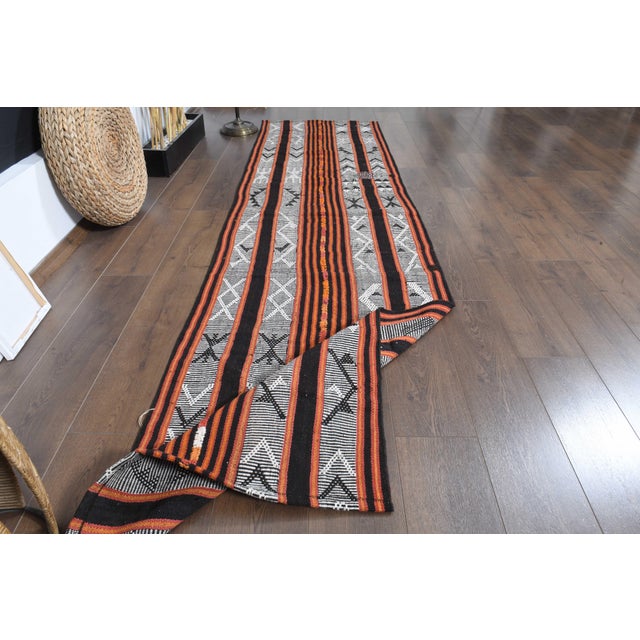 1970s 1970s Vintage Handmade Wool Cotton Black Orange Runner Rug For Sale - Image 5 of 11