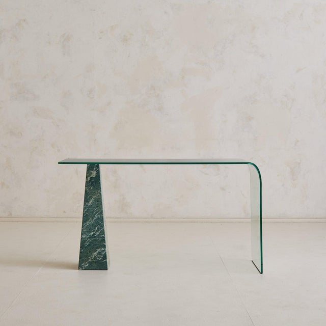 Modern Breccia Verde Marble + Bent‑Glass Console Table, Europe Circa 1970 For Sale - Image 3 of 10