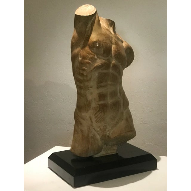 Wood Male Torso on Black Stand For Sale - Image 4 of 6