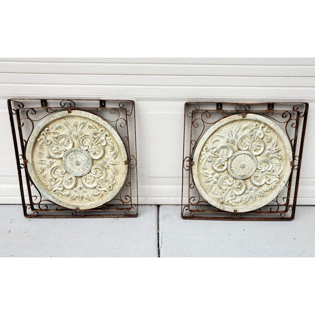 Vintage Pair of Square Iron Frame Terracotta Relief Botanical Medallion Wall Hangings Indoor/Outdoor. These gorgeous...