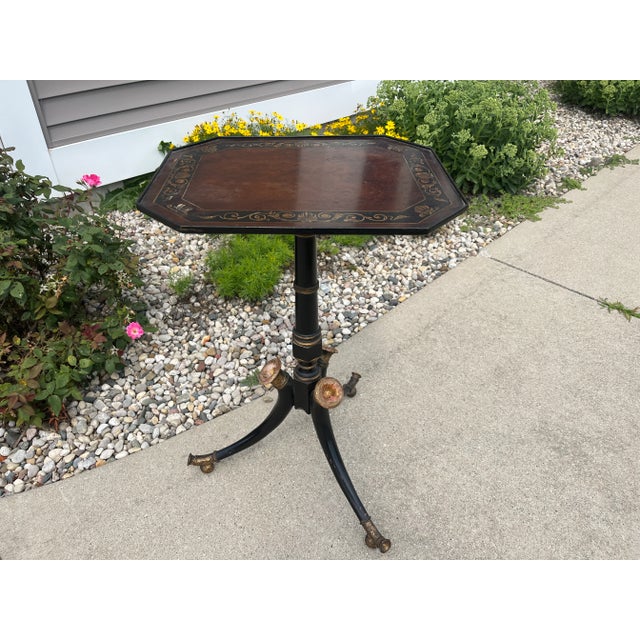 Antique English 1820's Regency Period Ebonized Gueridon With Octagonal Painted Top Pedestal Side Table For Sale - Image 10 of 10
