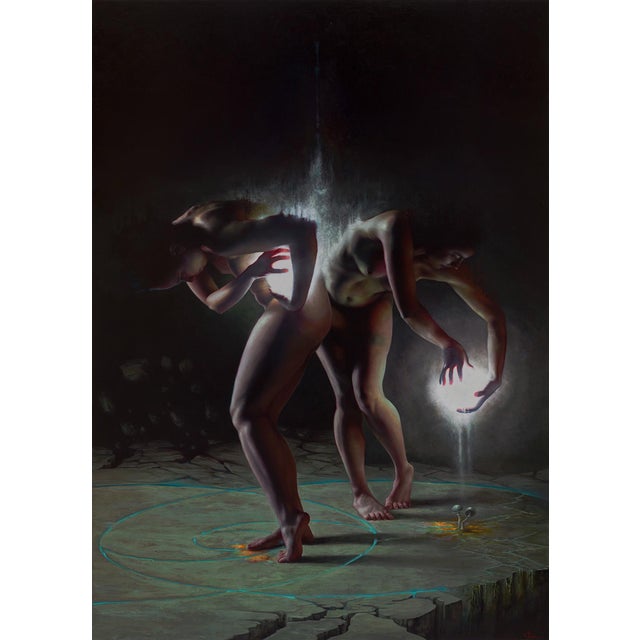Dancing with Duality by Christopher Remmers | Oil on linen Two figures interacting with light orbs. For Sale