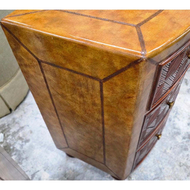 Late 20th Century Pair of Lineage Home Woven Rattan Front and Leather-Clad Bow Front Chest of Drawers For Sale - Image 17 of 18