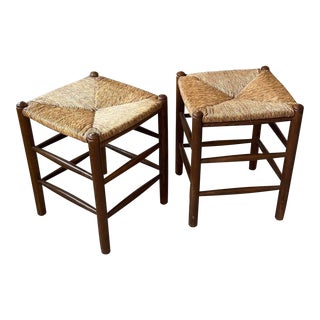 Pair of Vintage Rush Seat Stools For Sale