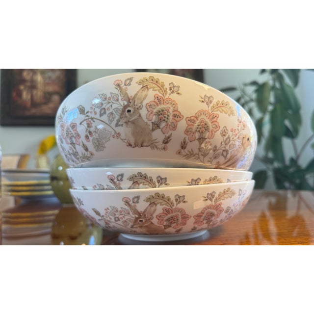 Porcelain Bunny Bowl Set 0f 4, Blue Floral Interior, Gold Trim, 8.5" Diameter Salad Bowl, Bunny Bowl, Soup Bowl, EnVogue...