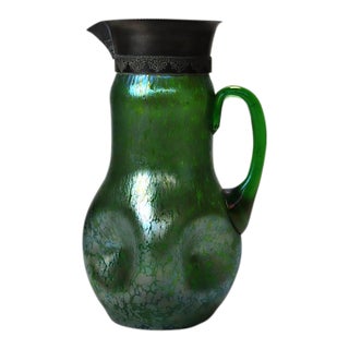 Loetz Attr Creta Papillon Green Oil Spot Art Glass & Silver Pitcher C1920 For Sale