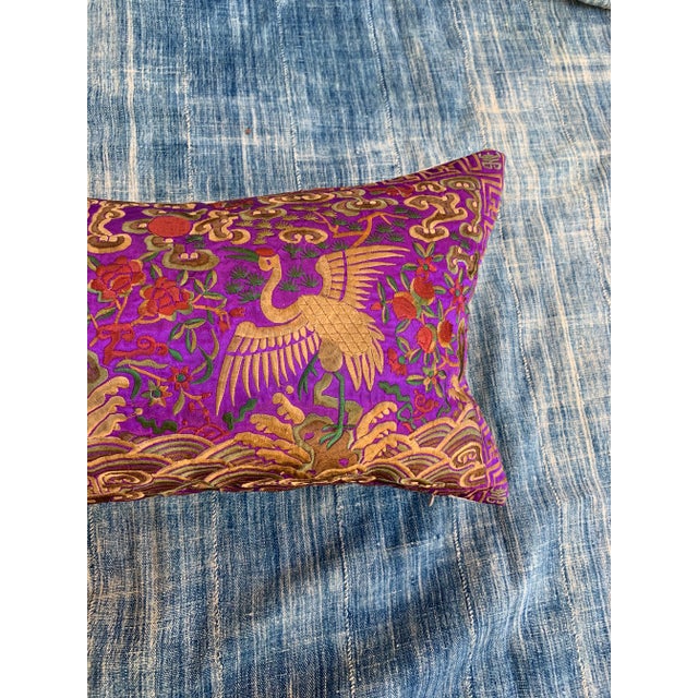 Boudoir pillow made from a vintage embroidered silk Asian textile fragment from a Chinese opera robe with cranes. New...
