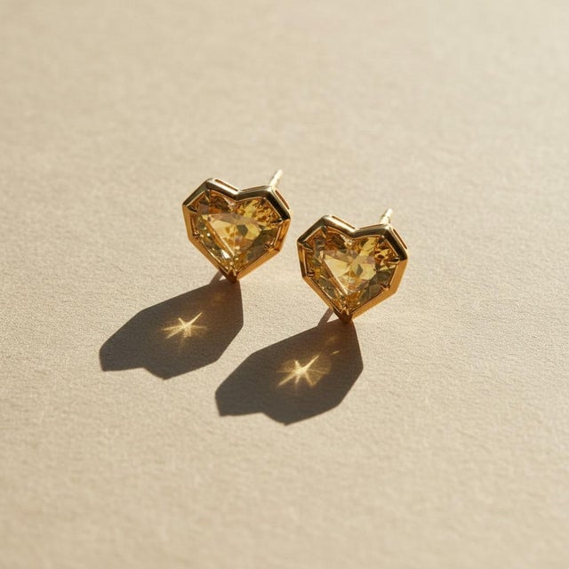 Modern Geometric Heart Citrine Stud Earrings, Silver, Gold, Pair For Sale - Image 3 of 9