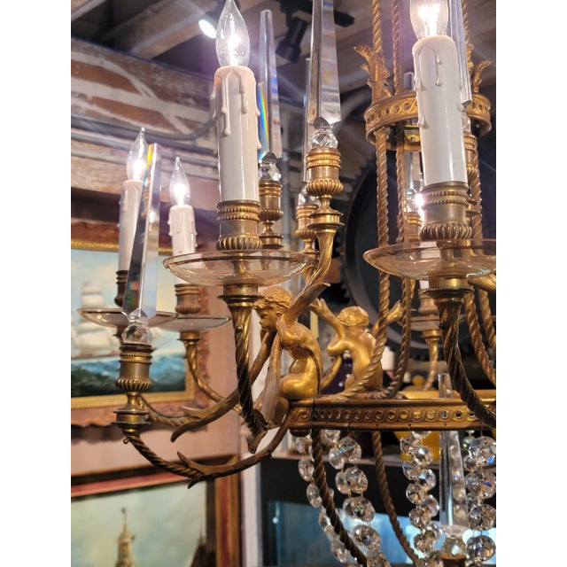 19th Century French Gilt Bronze Chandelier W/4 Cherubs & Crystals For Sale - Image 11 of 13