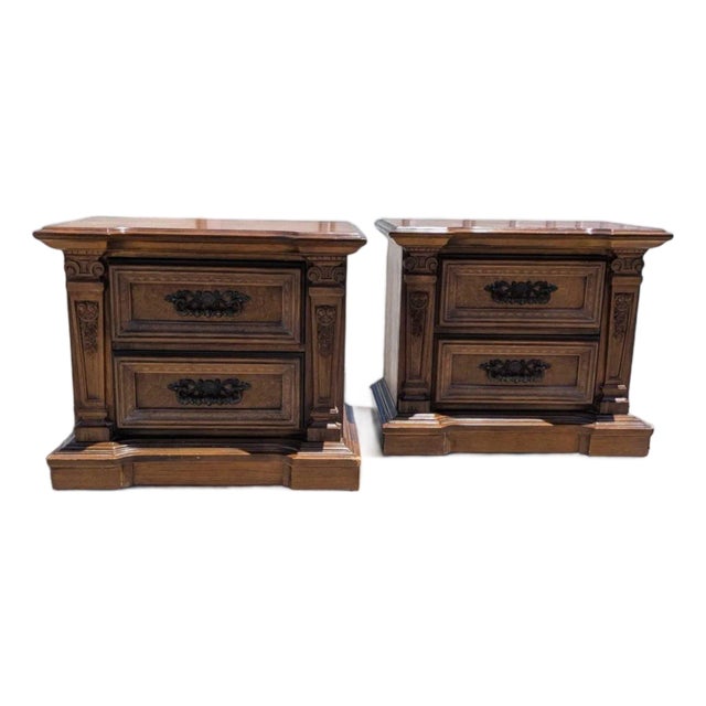 Pair of Vintage Carved Wood Two-Drawer Nightstands For Sale