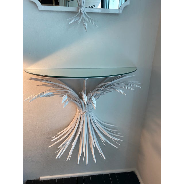White Vintage White Metal Tole Leaf Leaves Wall Mirror & Demi Lune Wall Console Table For Sale - Image 8 of 13