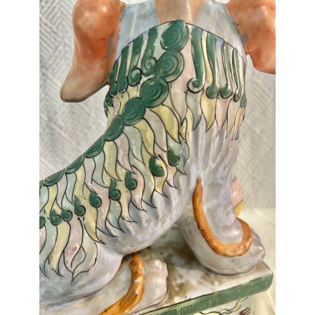 Vintage Famille Verte Chinoiserie Porcelain Foo Dog Guardian Lion With Ball For Sale - Image 10 of 12